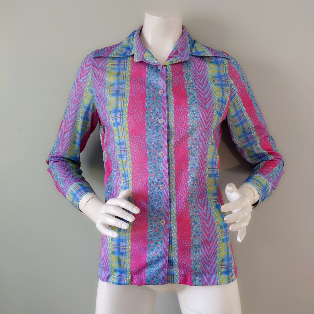 Vintage Bright Magenta Periwinkle Stripe Plaid Polyester Shirt S